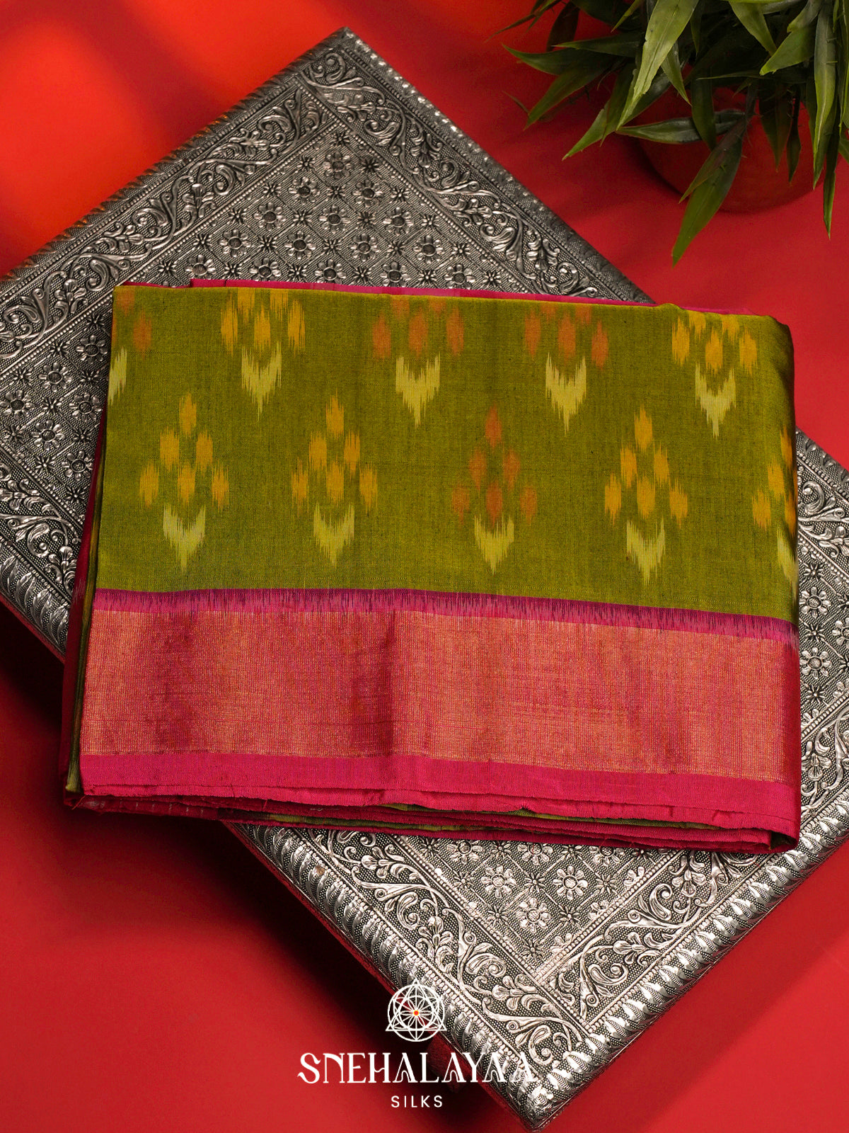 Lime Green Ikat Silk Cotton Saree