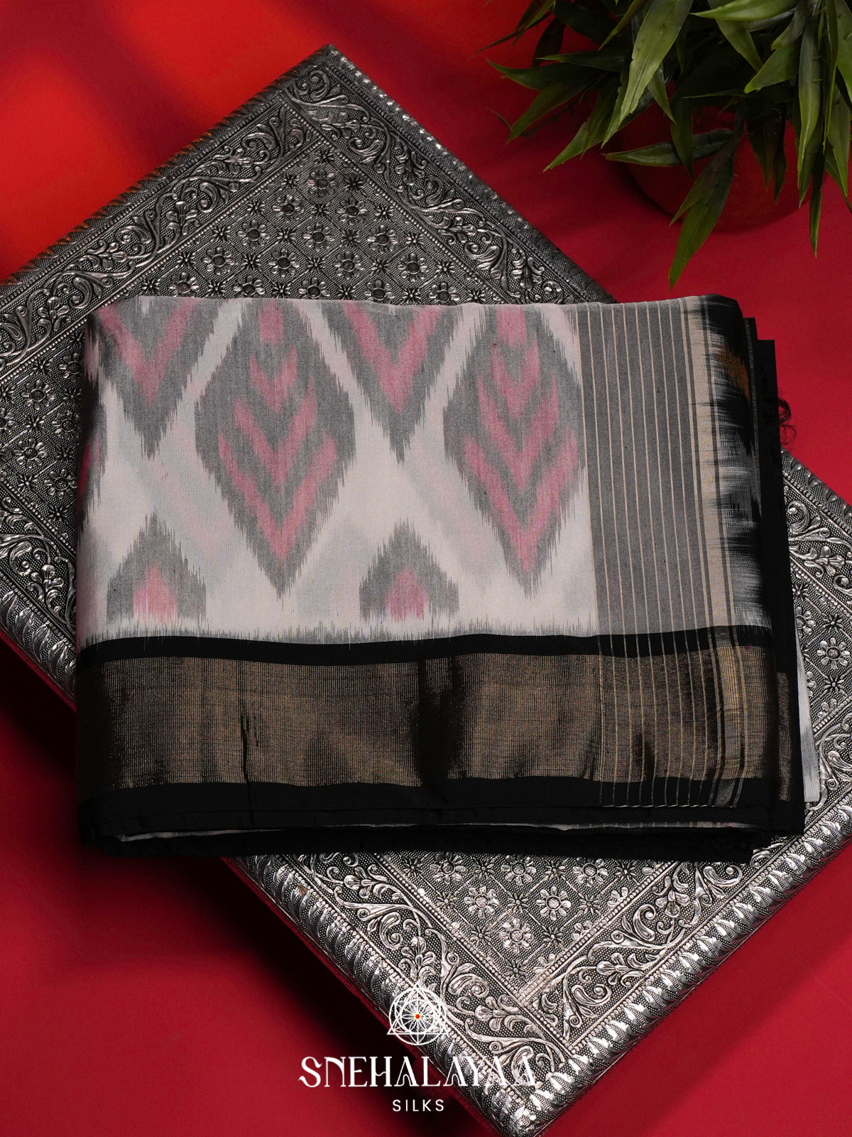 Off White Ikat Silk Cotton Saree
