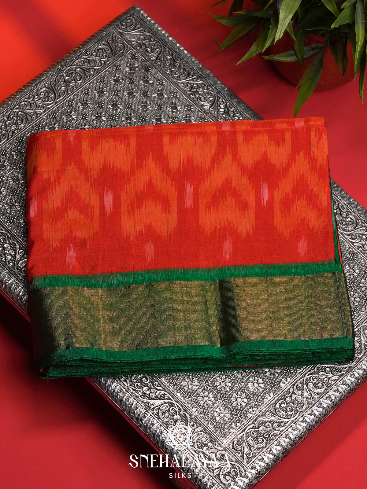 Burnt Orange Ikat Silk Cotton Saree