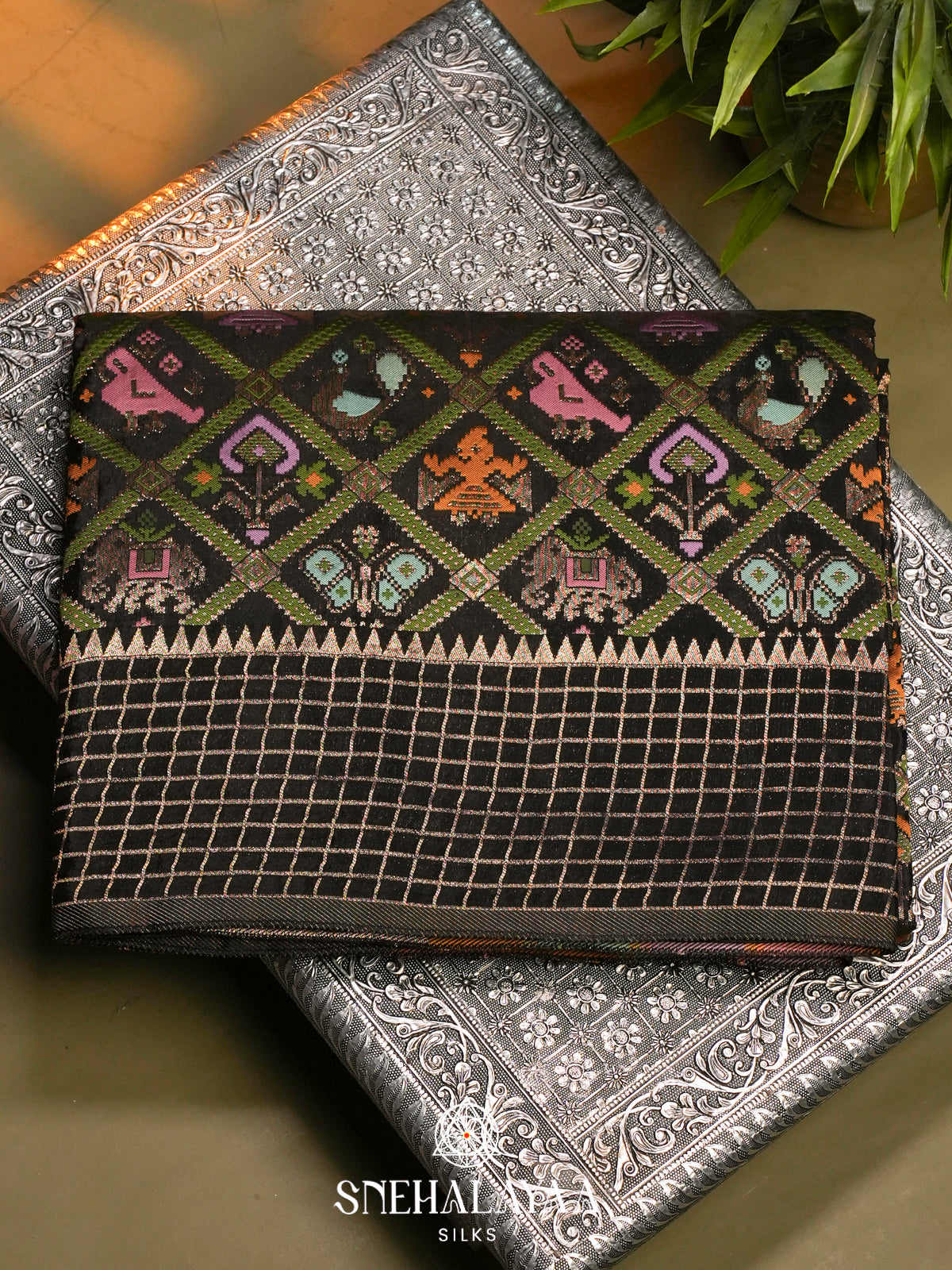 Black Semi Pochampally Saree with Multicolour Traditional Ikkat Weave