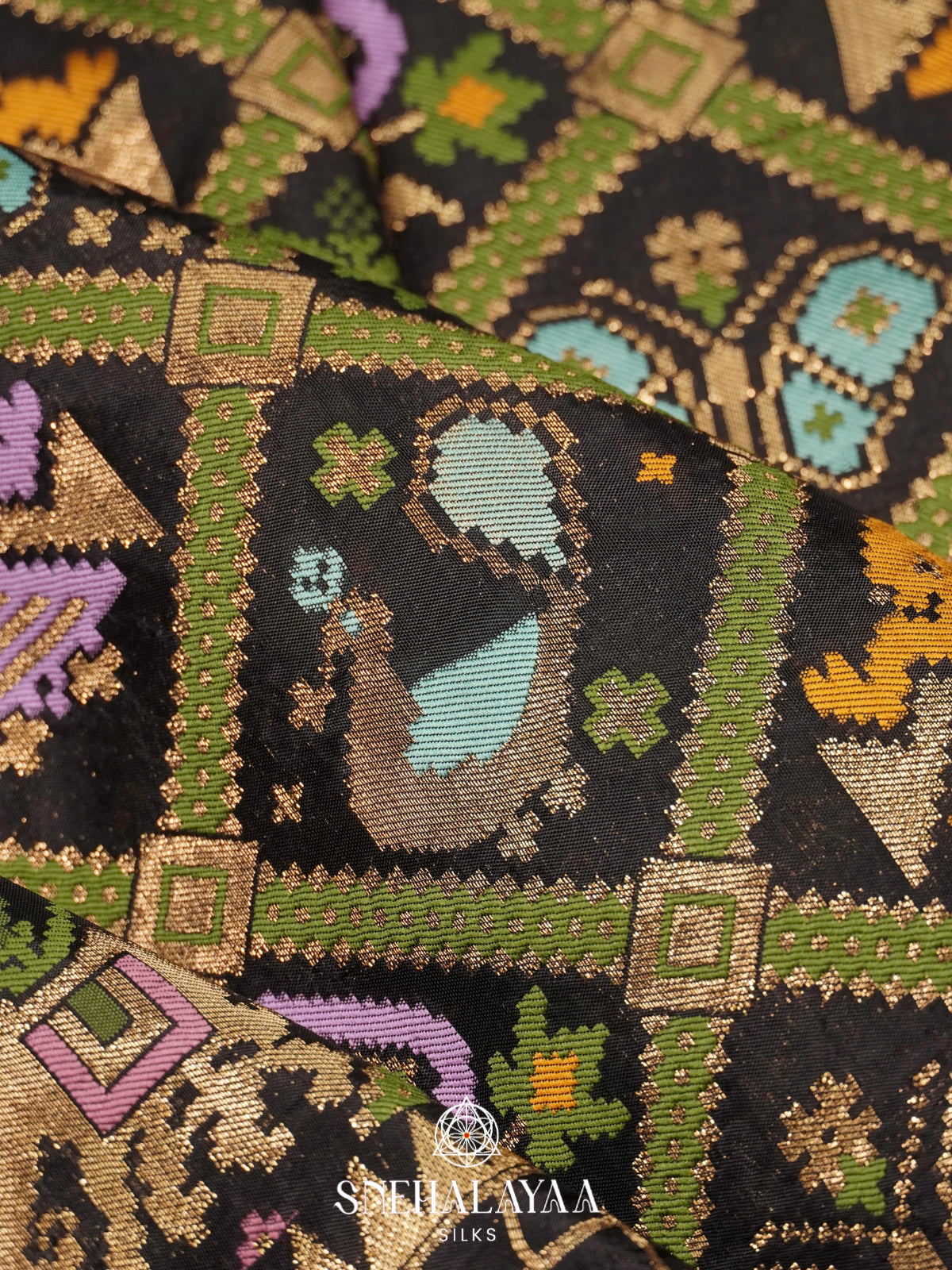 Black Semi Pochampally Saree with Multicolour Traditional Ikkat Weave