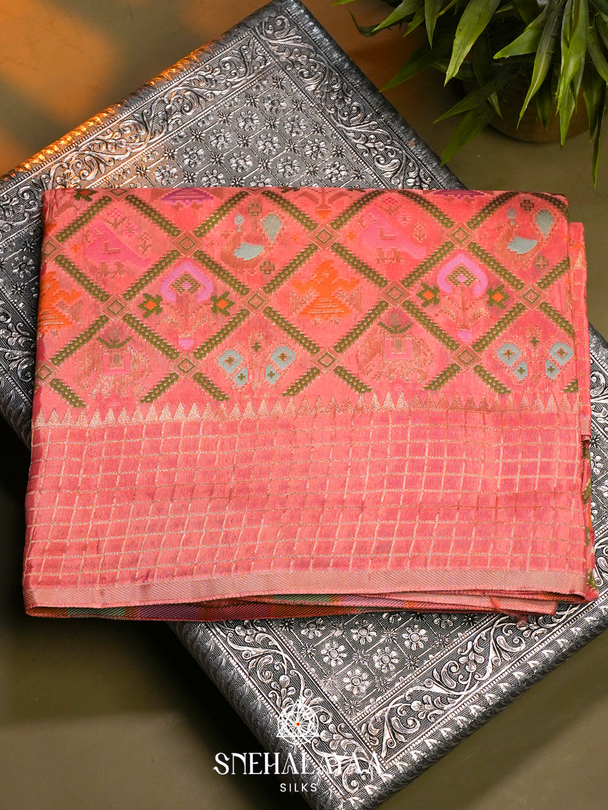 Coral Pink Semi Pochampally Saree with Multicolour Traditional Ikkat Weave