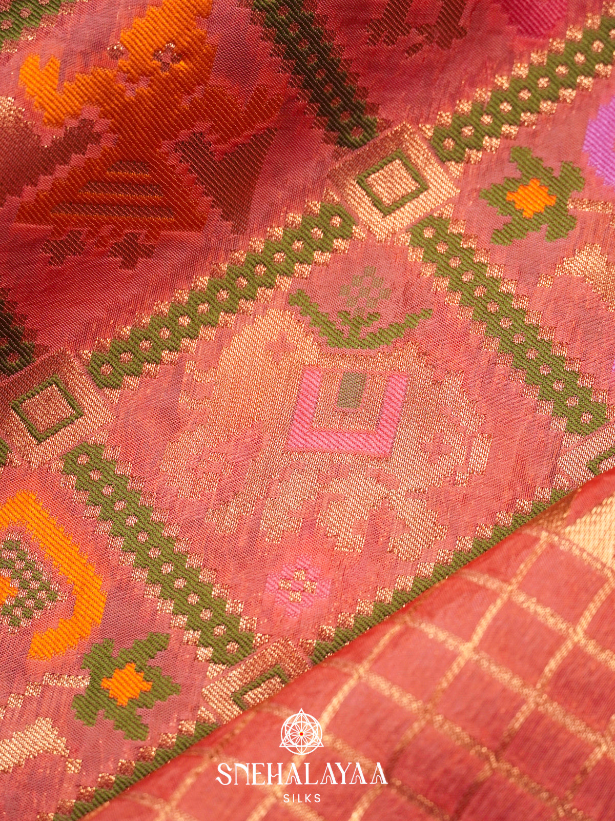 Coral Pink Semi Pochampally Saree with Multicolour Traditional Ikkat Weave