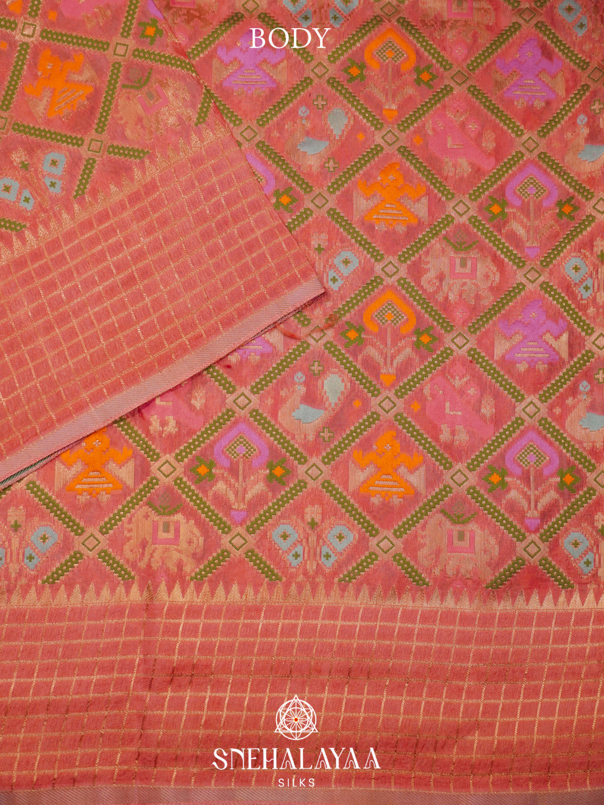 Coral Pink Semi Pochampally Saree with Multicolour Traditional Ikkat Weave