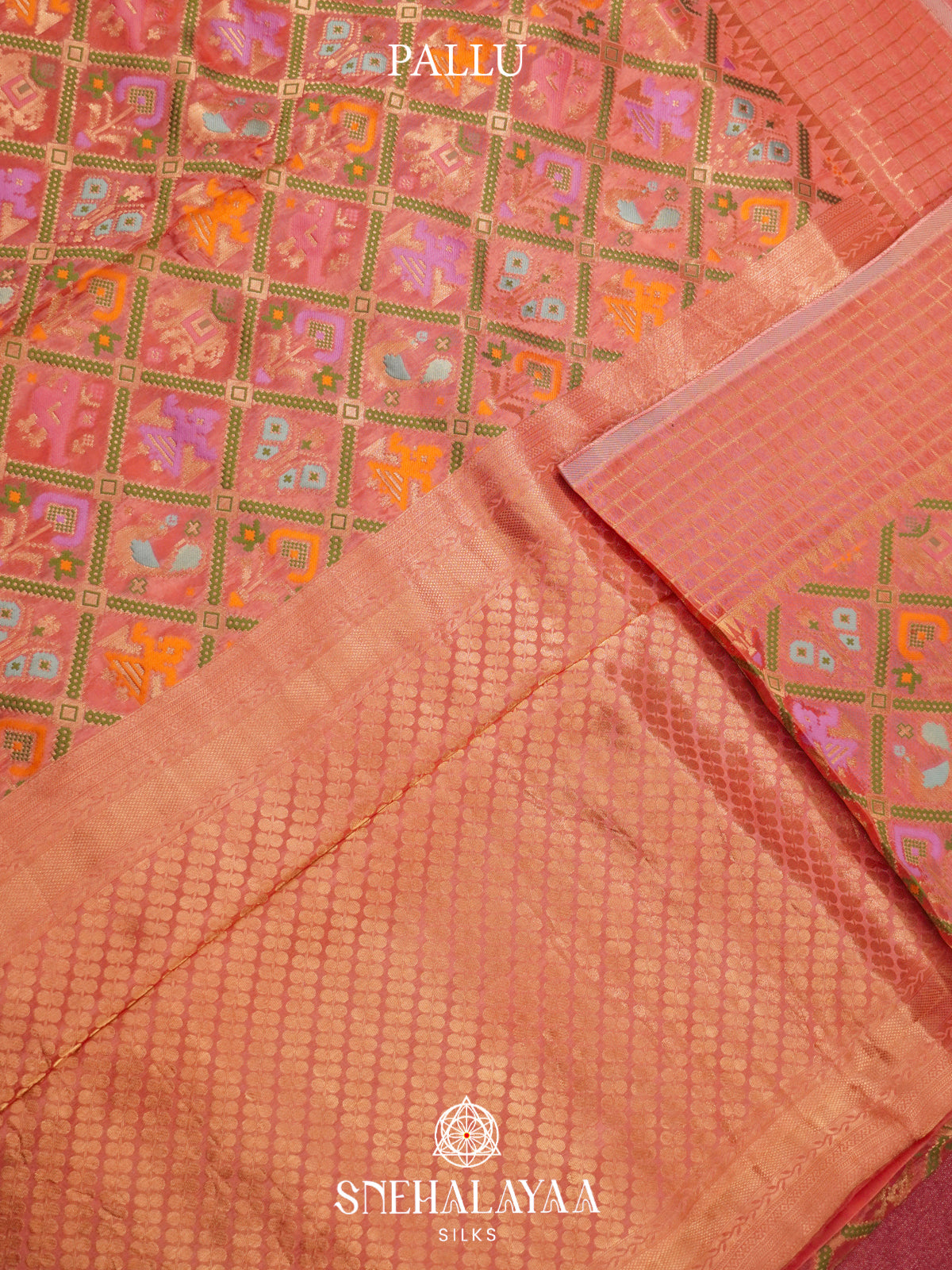 Coral Pink Semi Pochampally Saree with Multicolour Traditional Ikkat Weave