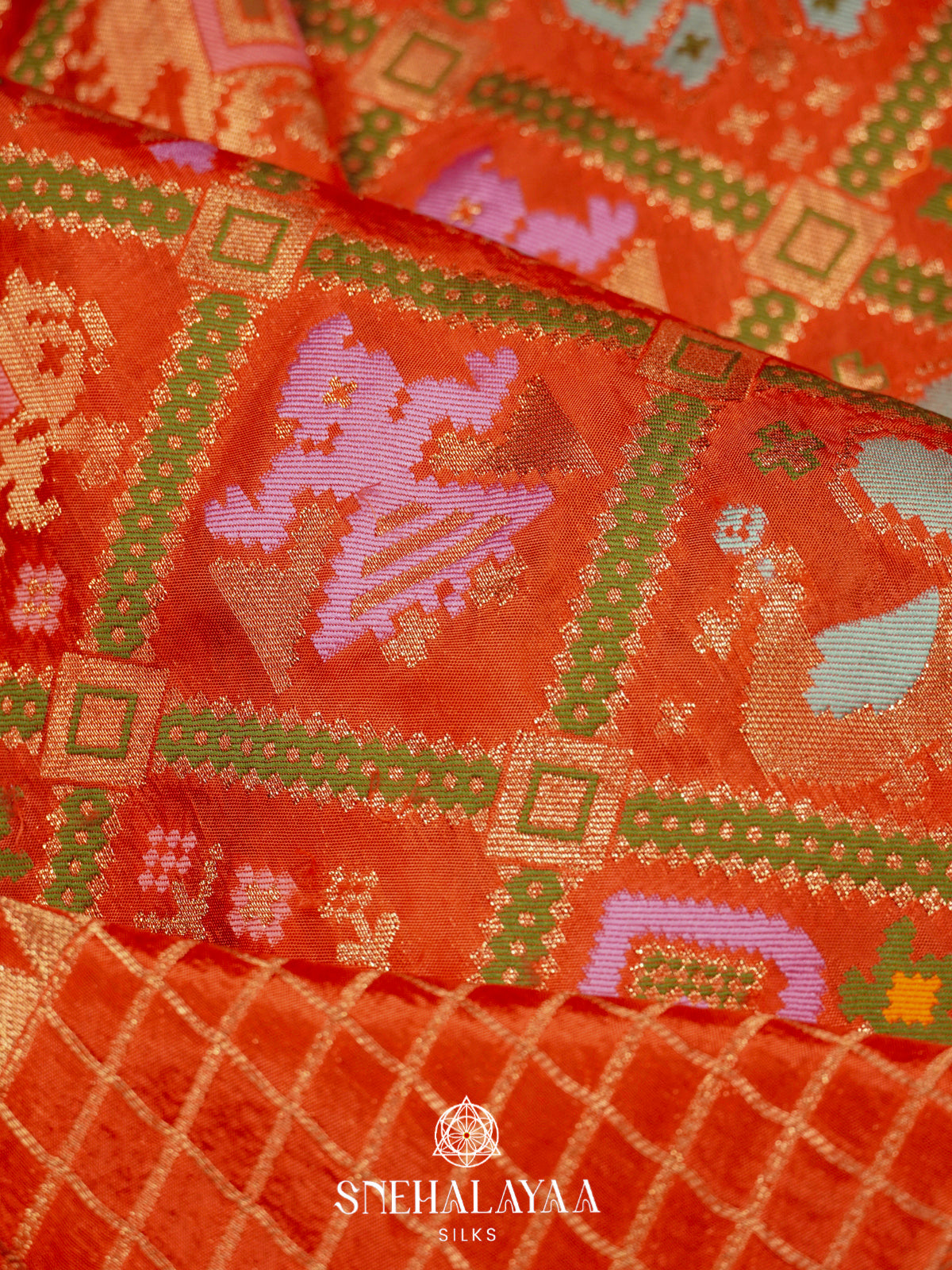Bright Orange Semi Pochampally Saree with Multicolour Traditional Ikkat Weave