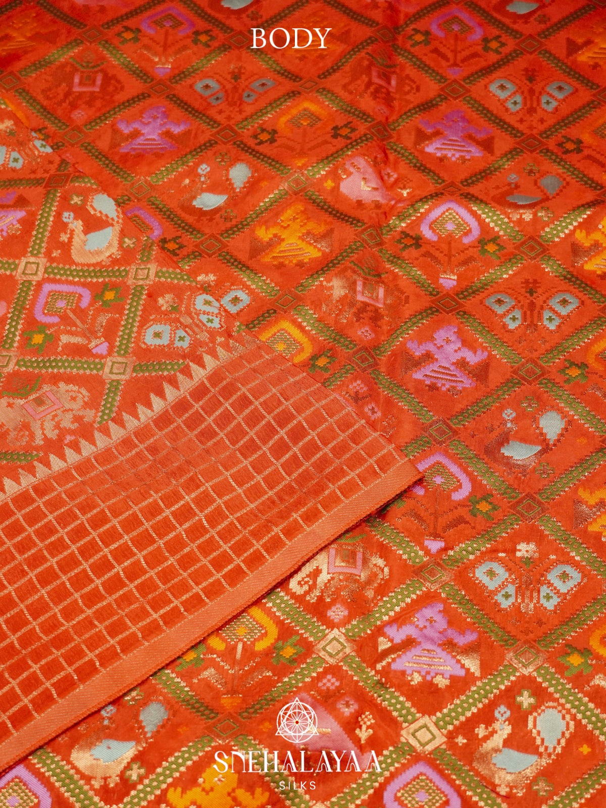 Bright Orange Semi Pochampally Saree with Multicolour Traditional Ikkat Weave