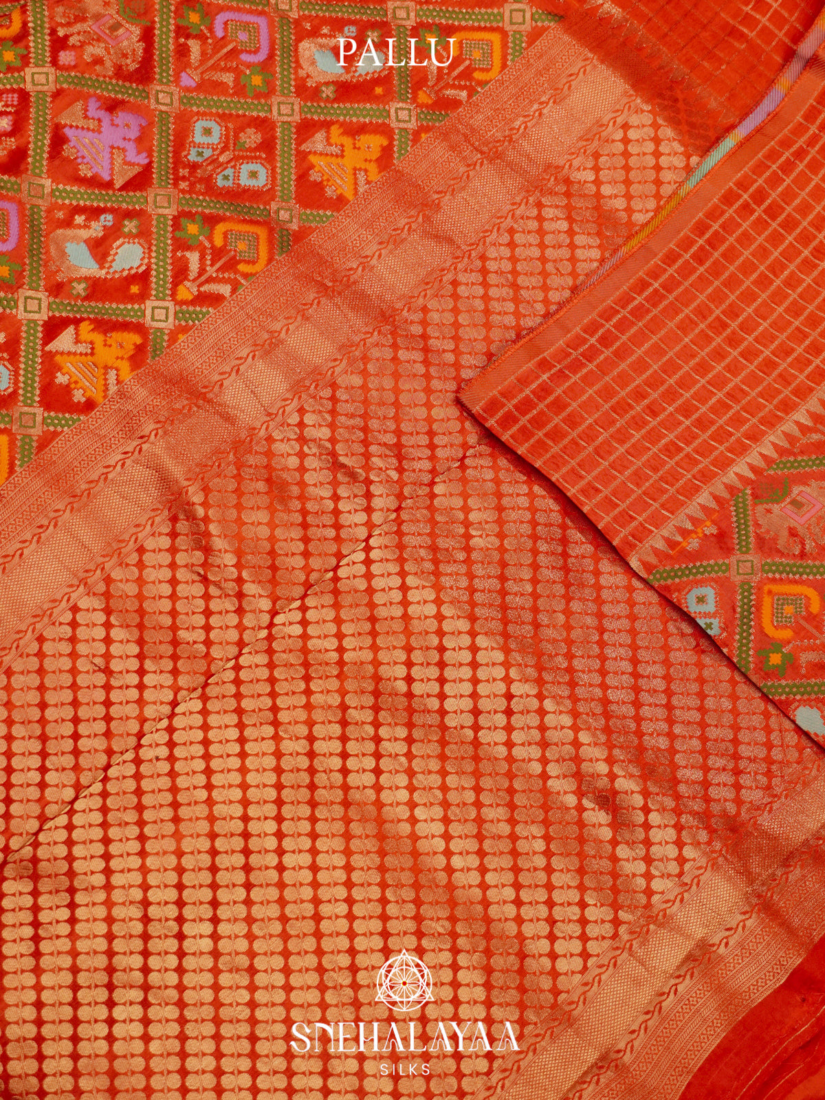 Bright Orange Semi Pochampally Saree with Multicolour Traditional Ikkat Weave