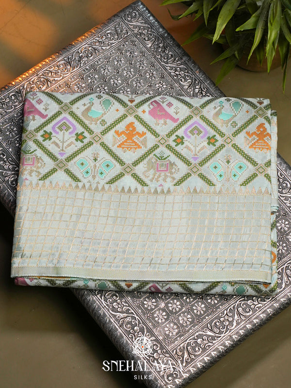 Mint Green Semi Pochampally Saree with Multicolour Traditional Ikkat Weave