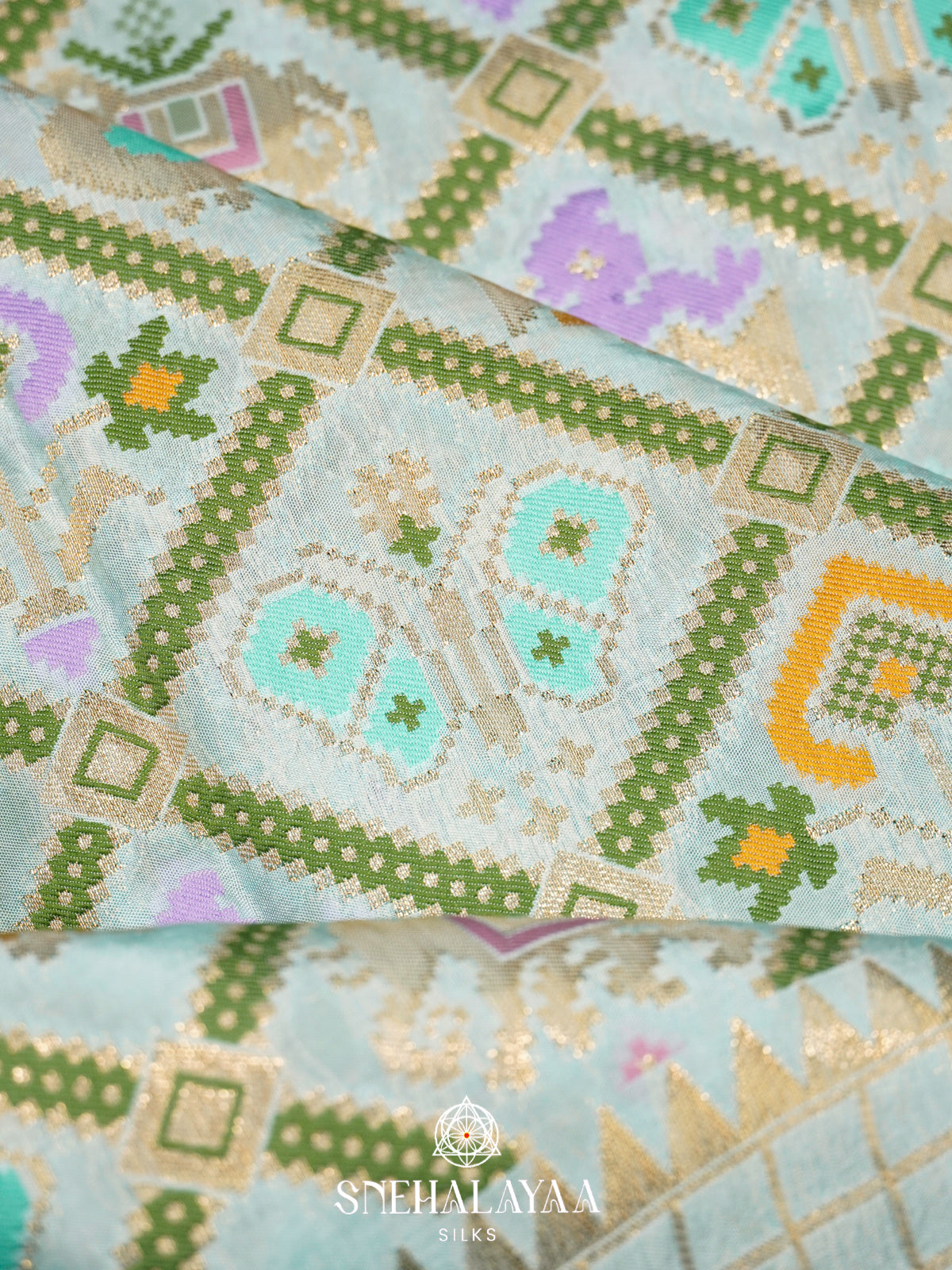 Mint Green Semi Pochampally Saree with Multicolour Traditional Ikkat Weave