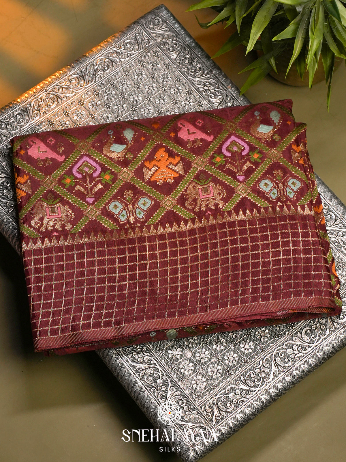 Maroon Semi Pochampally Saree with Multicolour Traditional Ikkat Weave