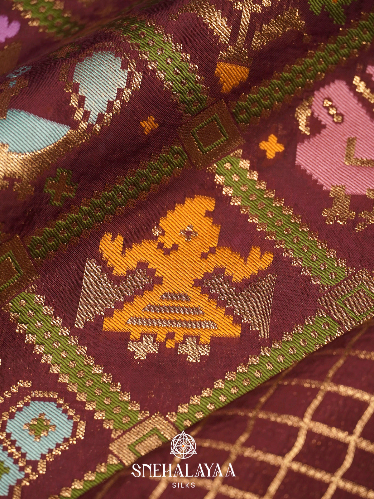 Maroon Semi Pochampally Saree with Multicolour Traditional Ikkat Weave