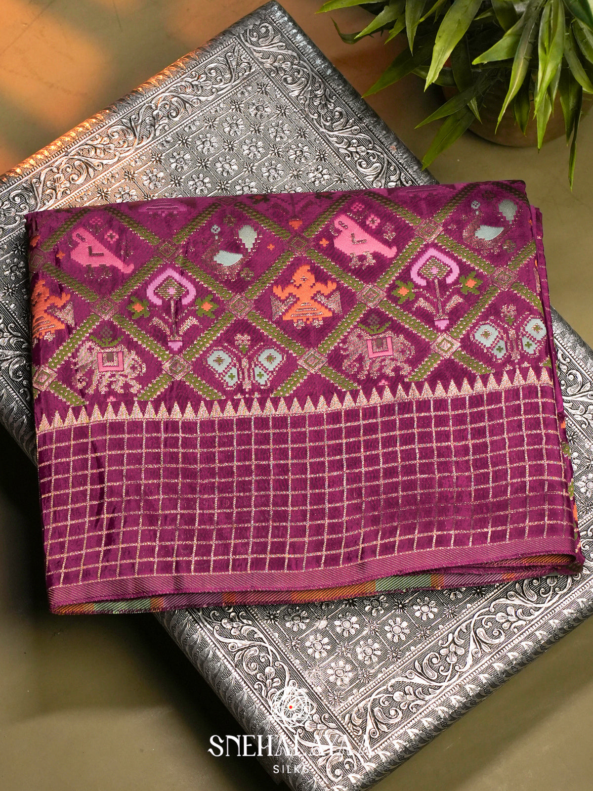 Magenta Semi Pochampally Saree with Multicolour Traditional Ikkat Weave
