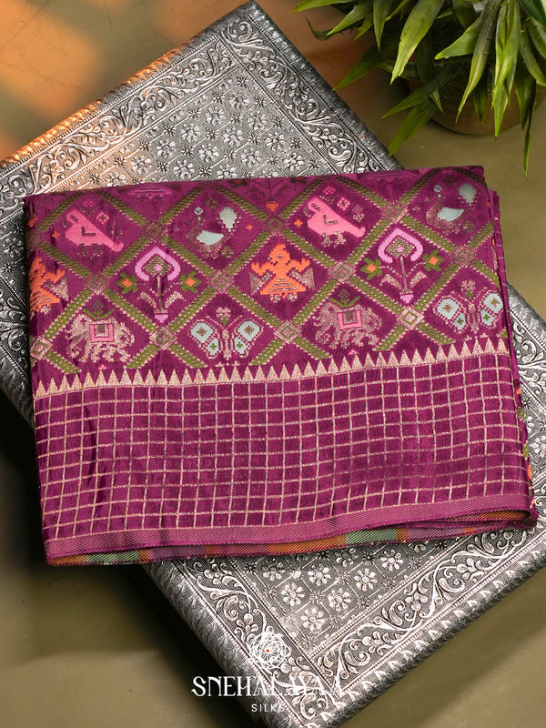 Magenta Semi Pochampally Saree with Multicolour Traditional Ikkat Weave