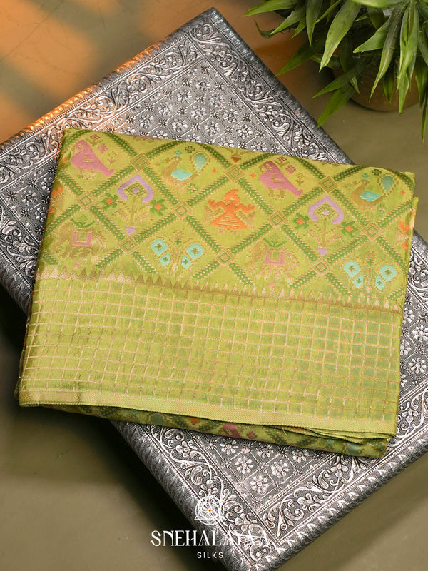 Parrot Green Semi Pochampally Saree with Multicolour Traditional Ikkat Weave