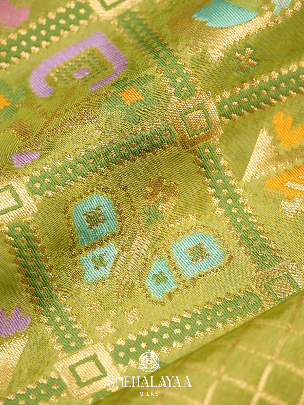 Parrot Green Semi Pochampally Saree with Multicolour Traditional Ikkat Weave