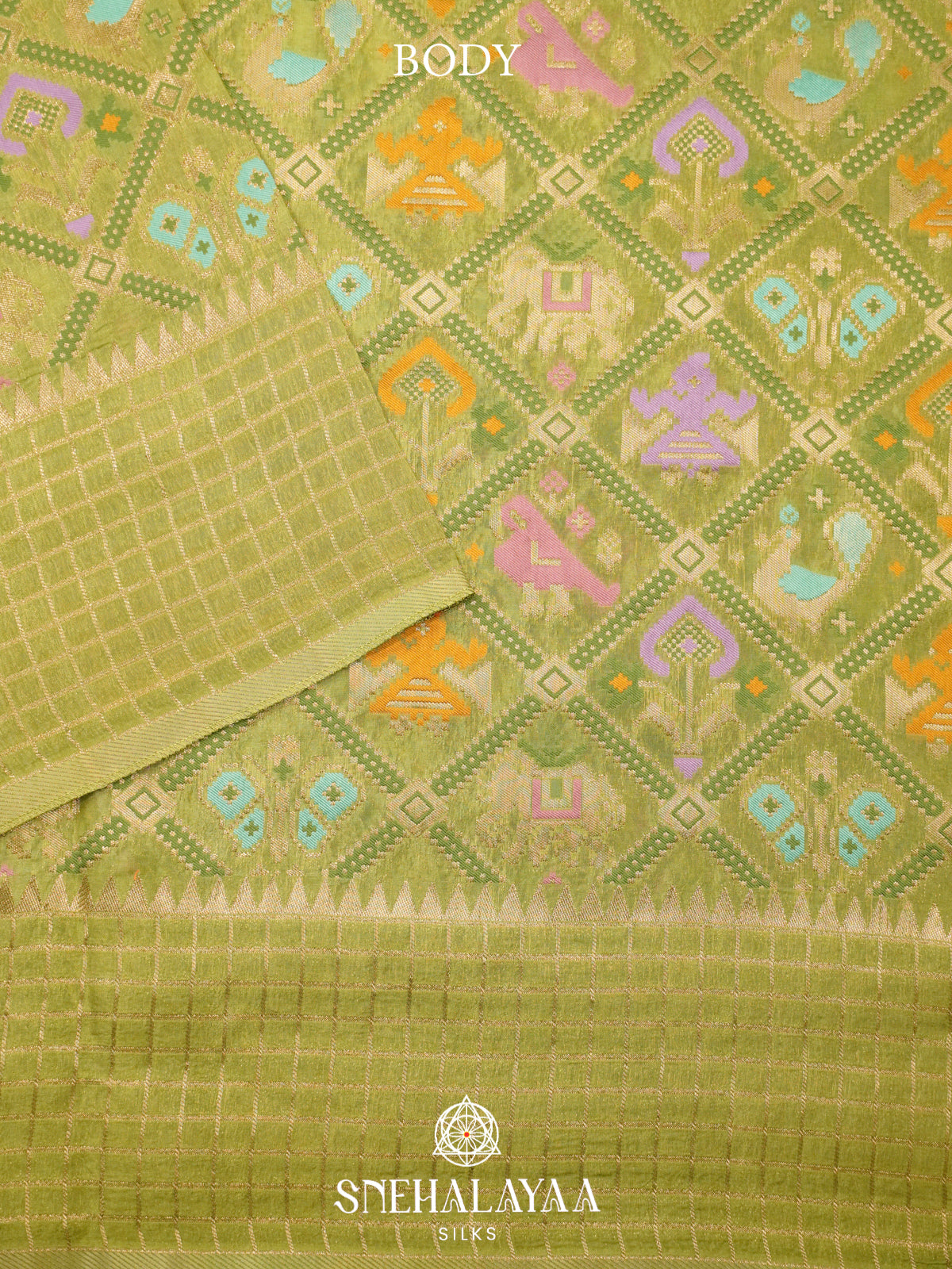 Parrot Green Semi Pochampally Saree with Multicolour Traditional Ikkat Weave