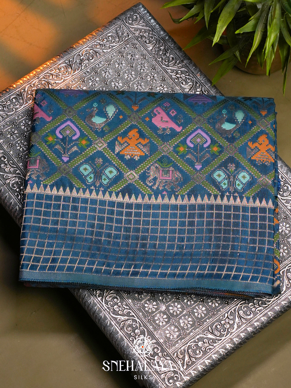 Peacock Blue Semi Pochampally Saree with Multicolour Traditional Ikkat Weave