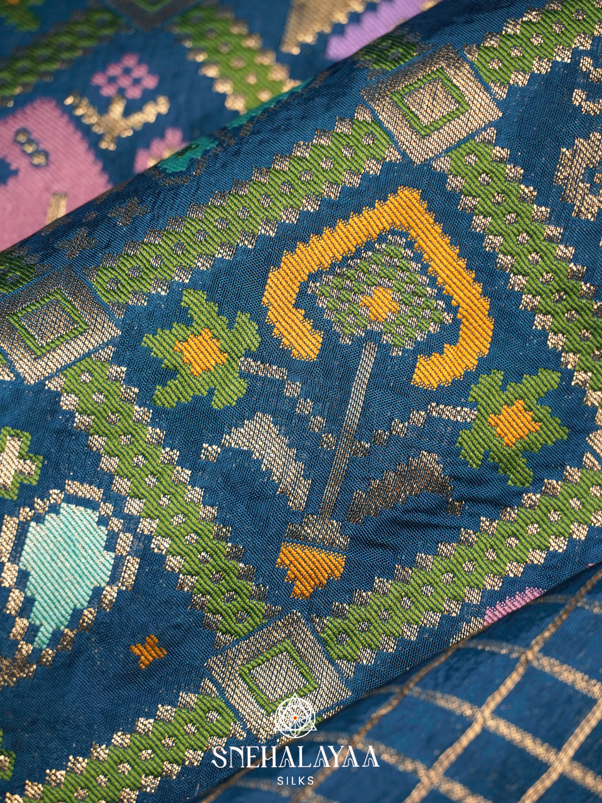 Peacock Blue Semi Pochampally Saree with Multicolour Traditional Ikkat Weave