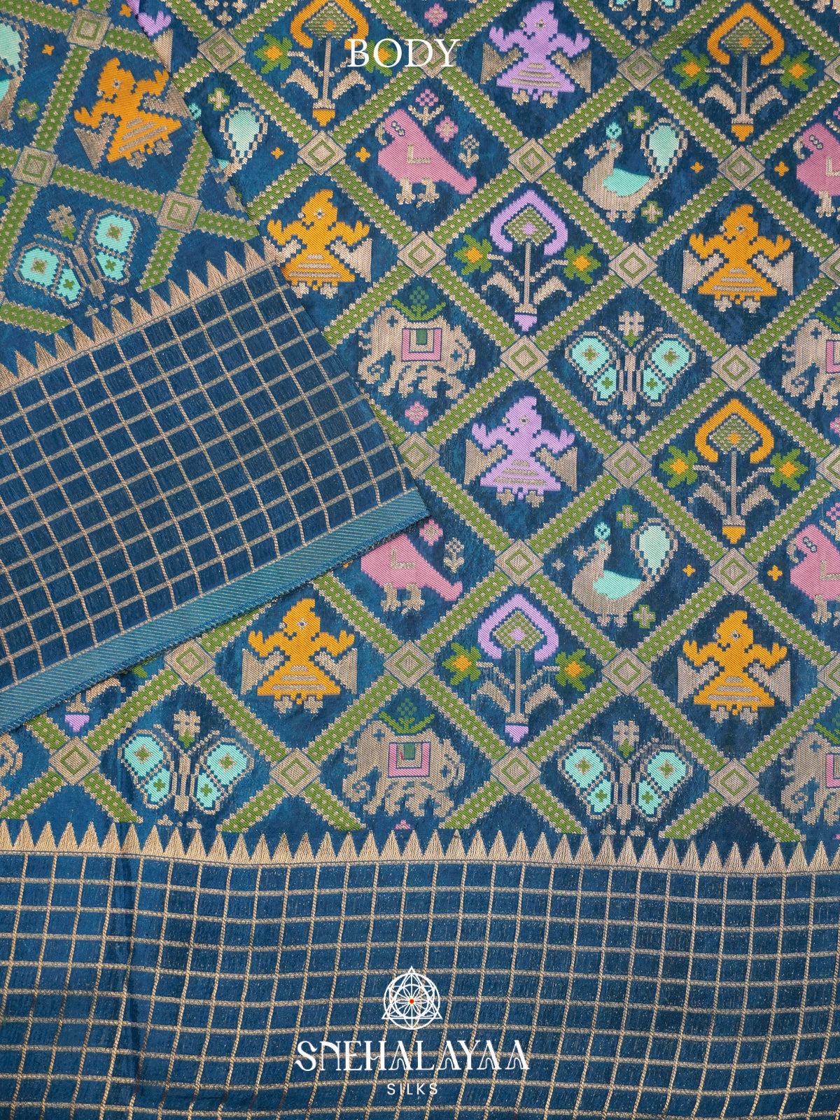 Peacock Blue Semi Pochampally Saree with Multicolour Traditional Ikkat Weave