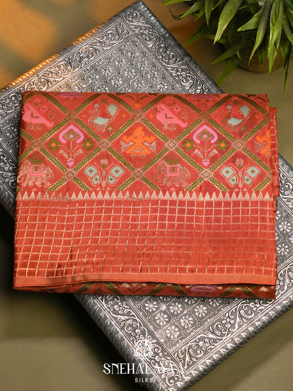 Rust Orange Semi Pochampally Saree with Multicolour Traditional Ikkat Weave