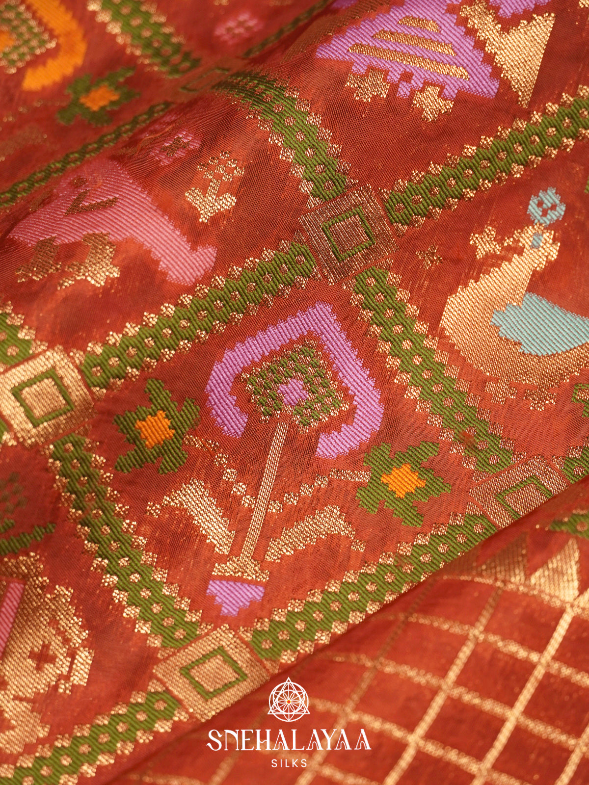Rust Orange Semi Pochampally Saree with Multicolour Traditional Ikkat Weave