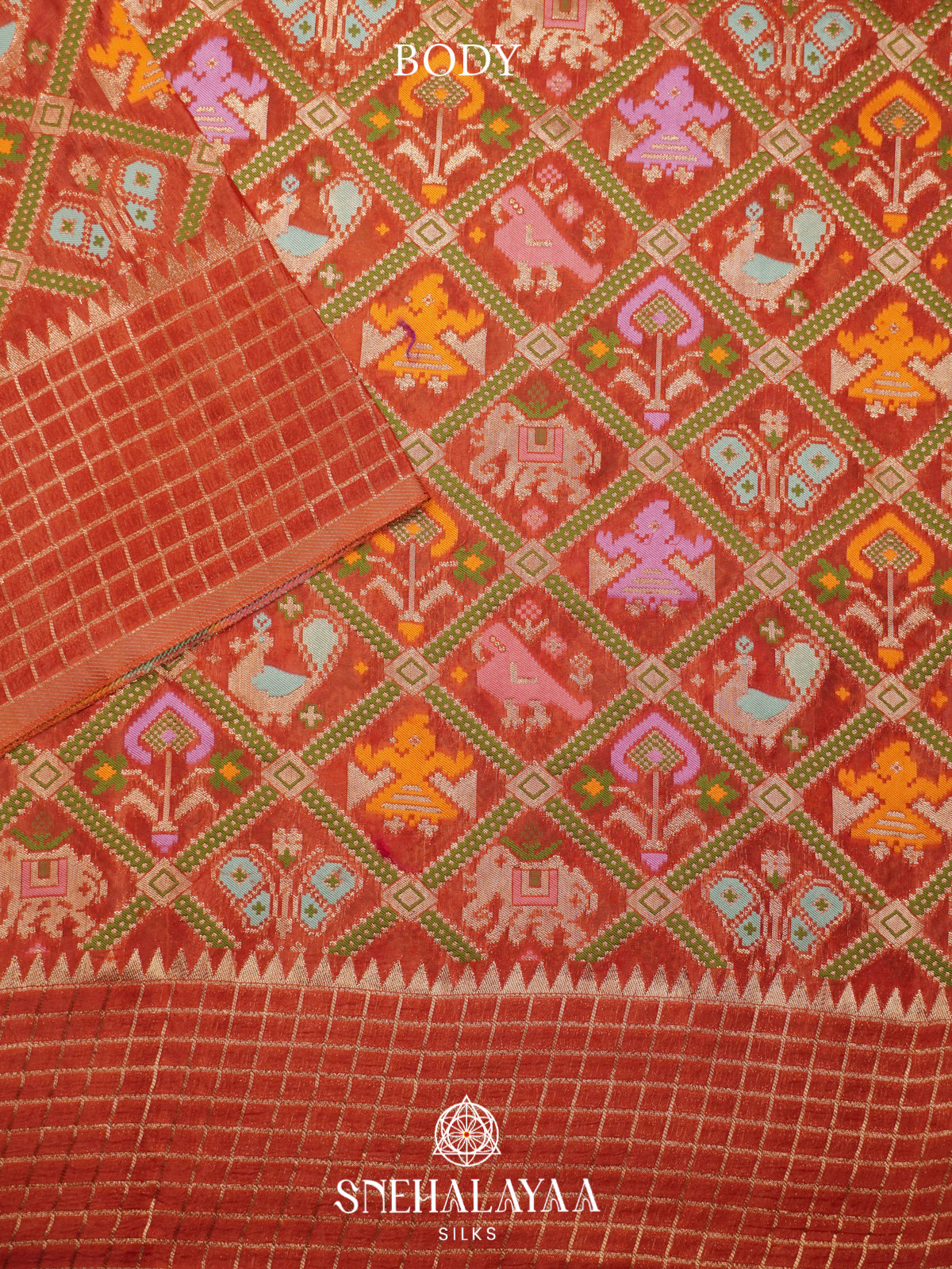 Rust Orange Semi Pochampally Saree with Multicolour Traditional Ikkat Weave