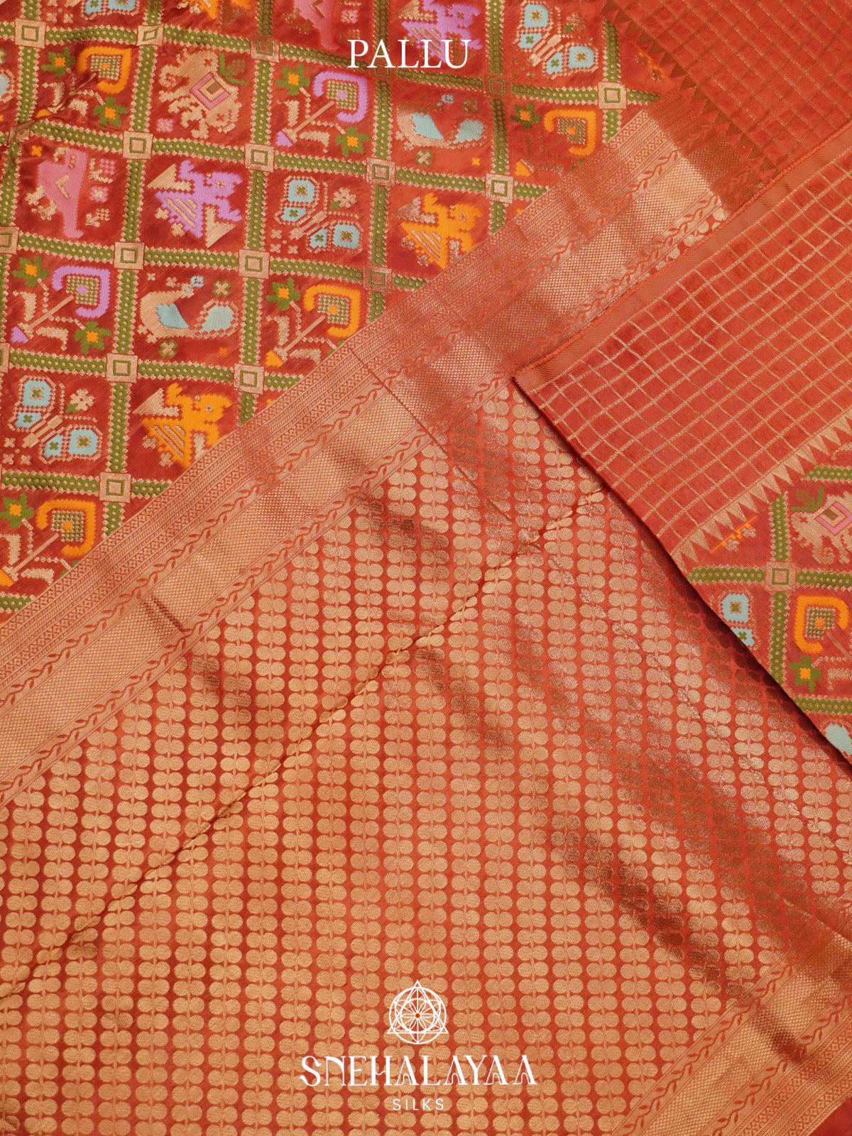 Rust Orange Semi Pochampally Saree with Multicolour Traditional Ikkat Weave