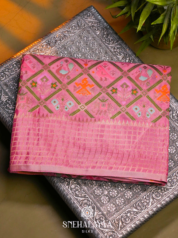 Rose Pink Semi Pochampally Saree with Multicolour Traditional Ikkat Weave