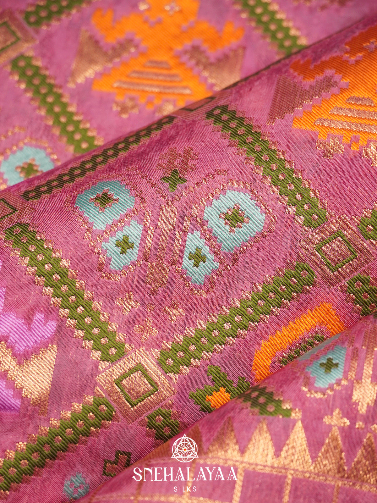 Rose Pink Semi Pochampally Saree with Multicolour Traditional Ikkat Weave