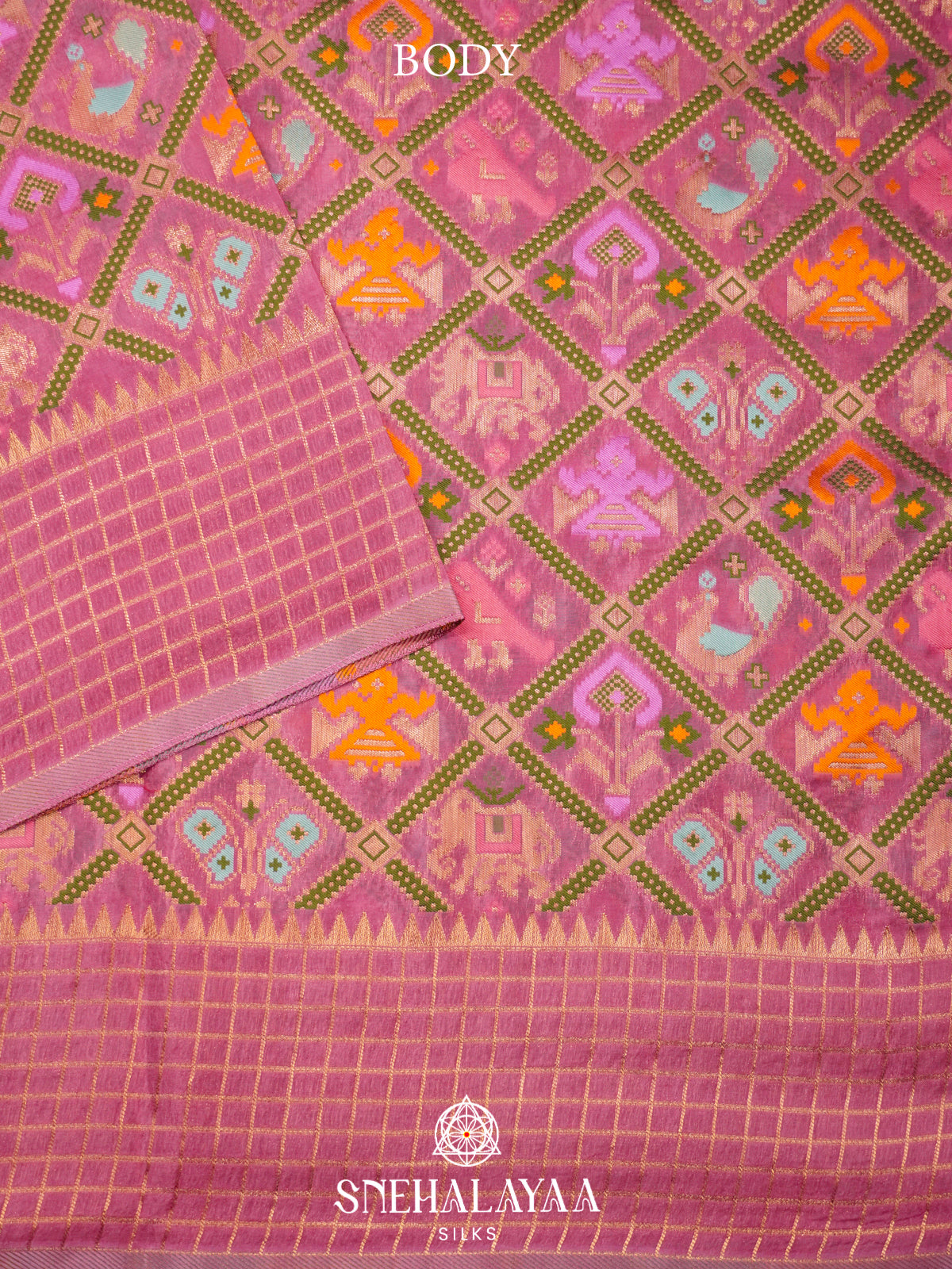 Rose Pink Semi Pochampally Saree with Multicolour Traditional Ikkat Weave