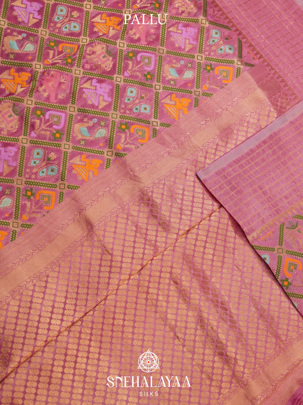 Rose Pink Semi Pochampally Saree with Multicolour Traditional Ikkat Weave