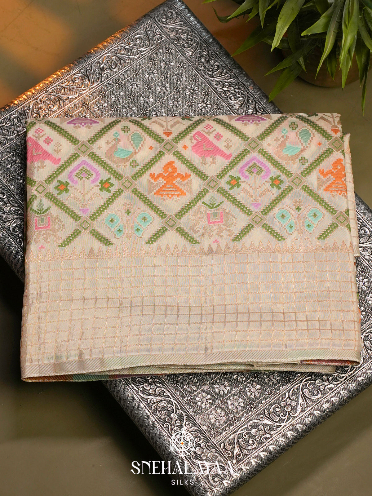 Cream Semi Pochampally Saree with Multicolour Traditional Ikkat Weave