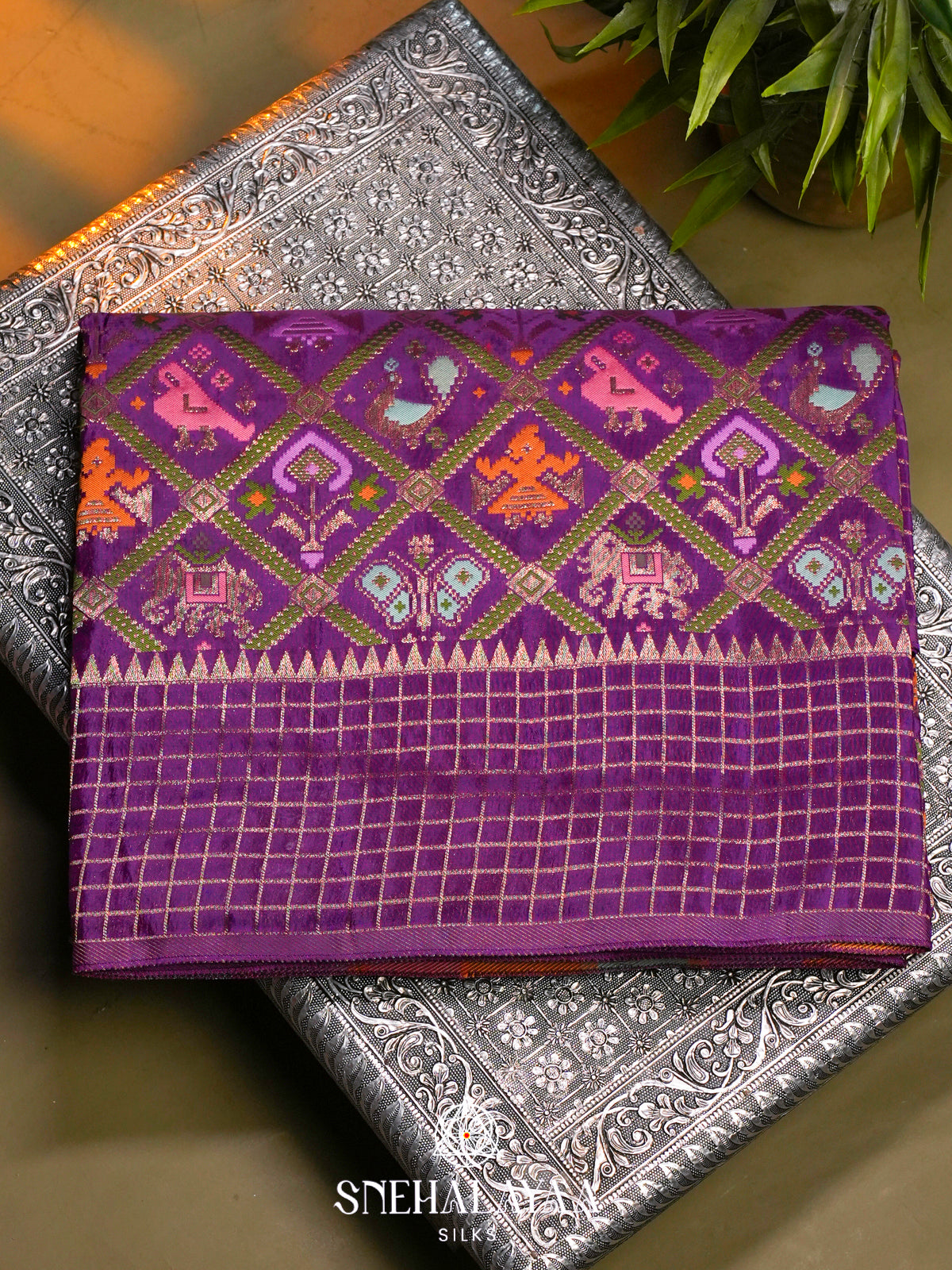 Royal Purple Semi Pochampally Saree with Multicolour Traditional Ikkat Weave