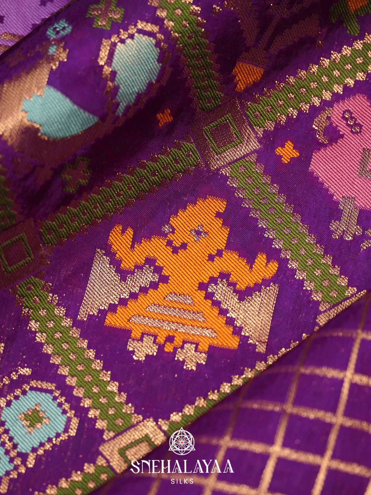 Royal Purple Semi Pochampally Saree with Multicolour Traditional Ikkat Weave