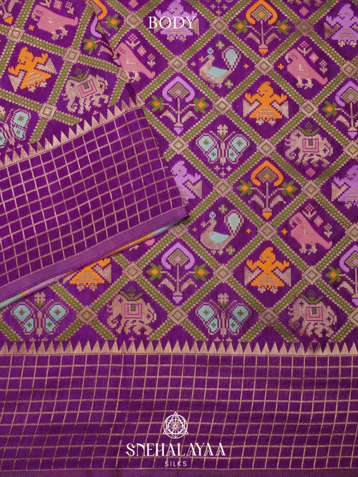Royal Purple Semi Pochampally Saree with Multicolour Traditional Ikkat Weave