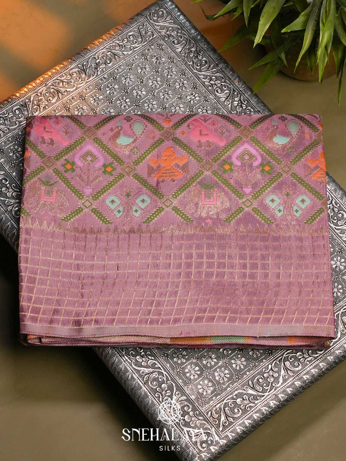 Dusty Mauve Semi Pochampally Saree with Multicolour Traditional Ikkat Weave