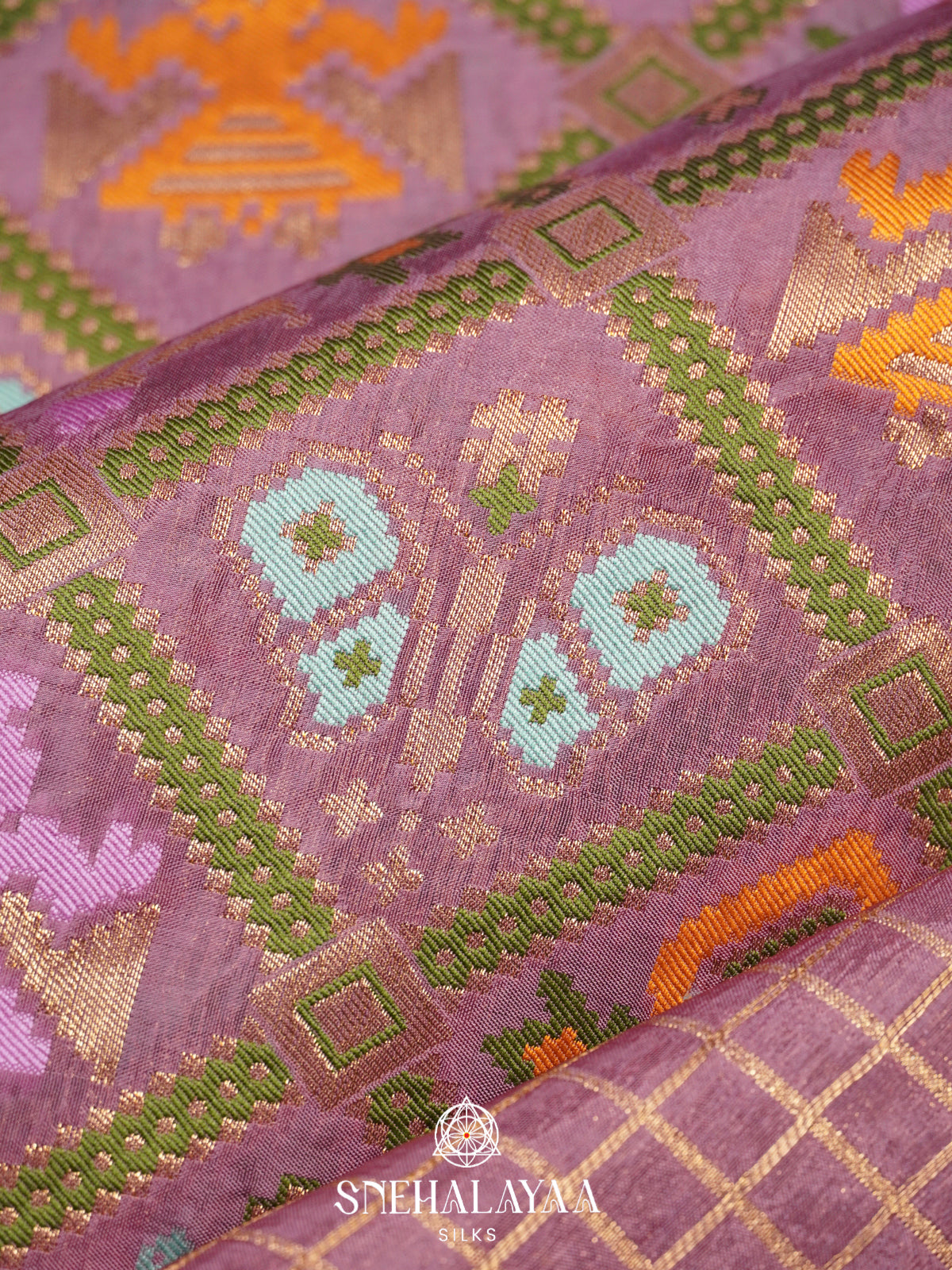 Dusty Mauve Semi Pochampally Saree with Multicolour Traditional Ikkat Weave