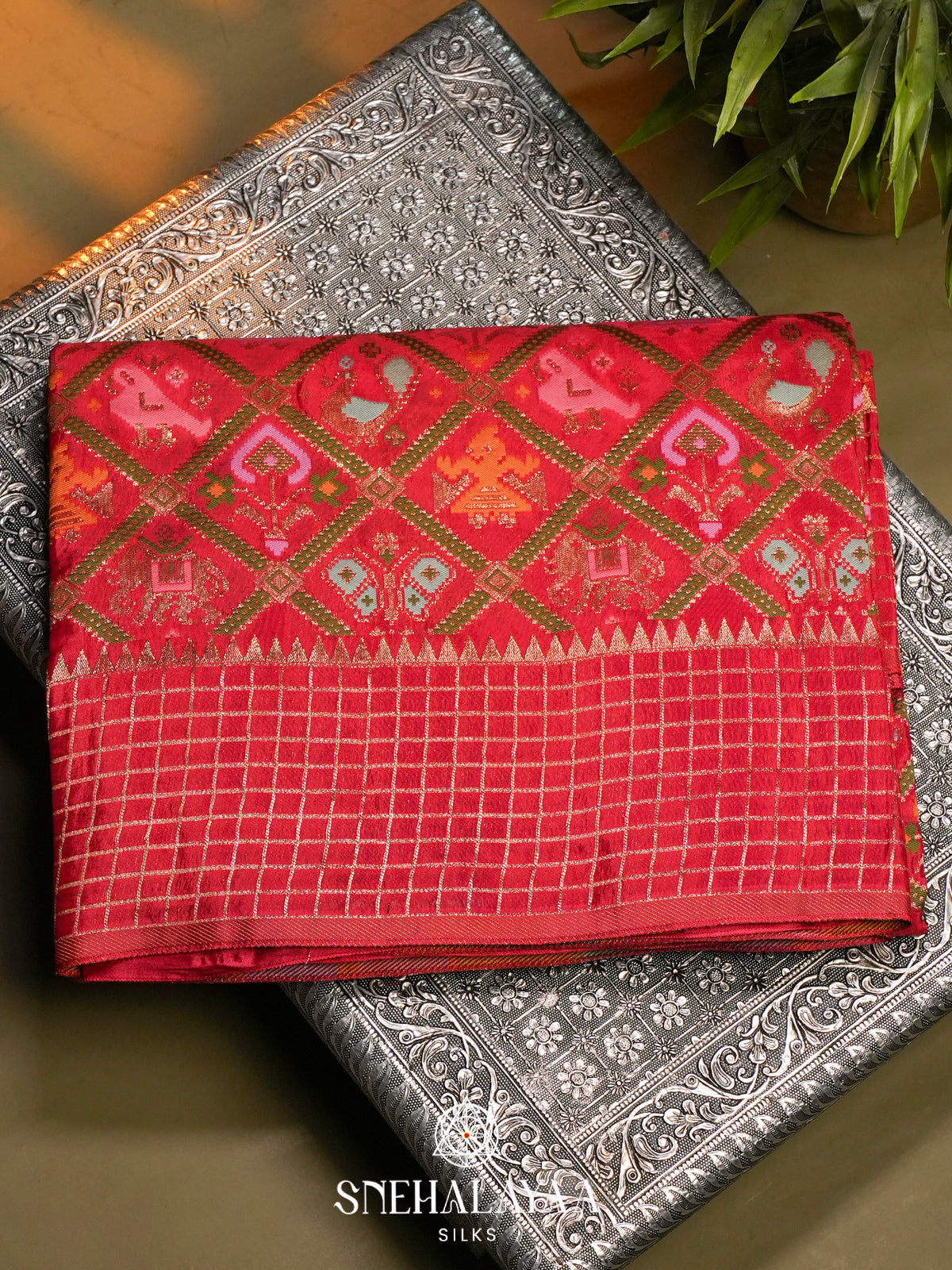Crimson Red Semi Pochampally Saree with Multicolour Traditional Ikkat Weave
