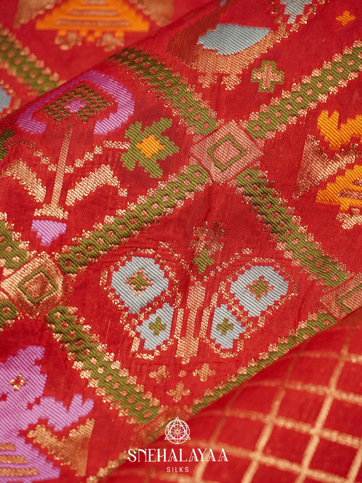 Crimson Red Semi Pochampally Saree with Multicolour Traditional Ikkat Weave