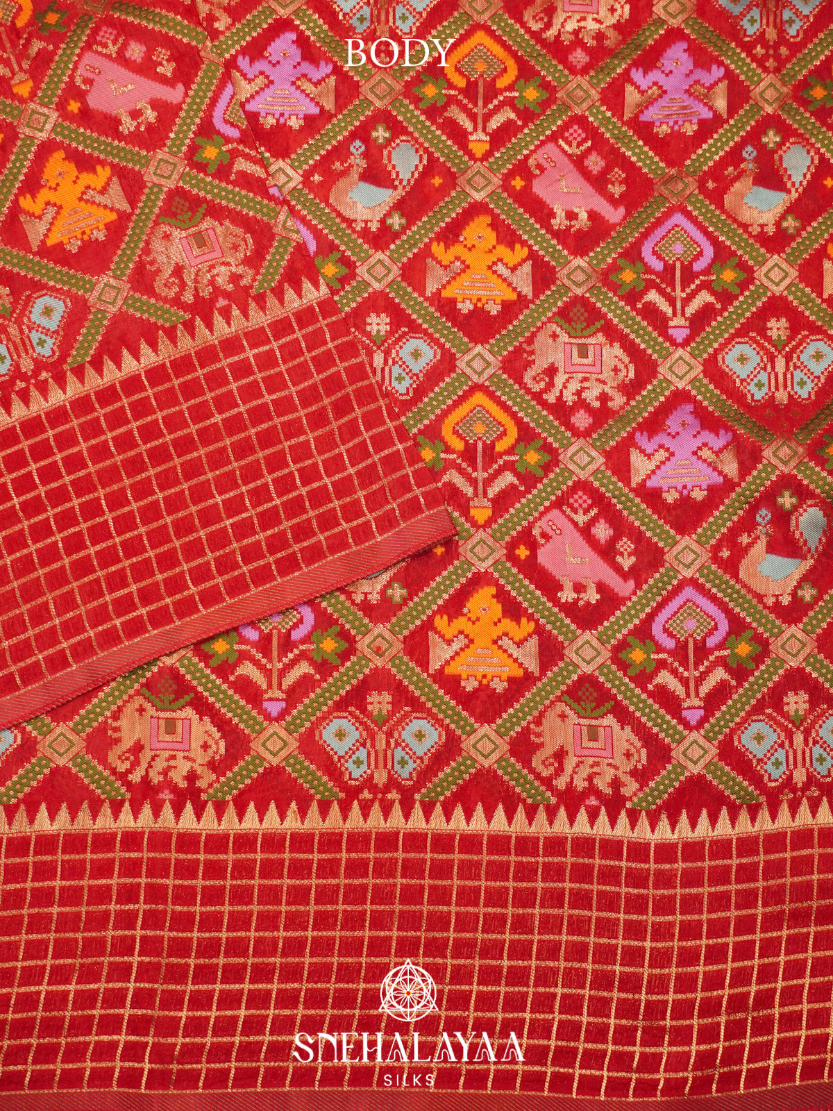 Crimson Red Semi Pochampally Saree with Multicolour Traditional Ikkat Weave