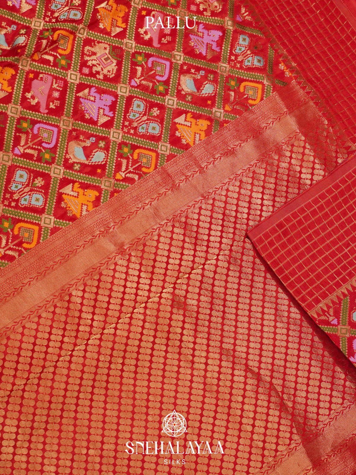 Crimson Red Semi Pochampally Saree with Multicolour Traditional Ikkat Weave