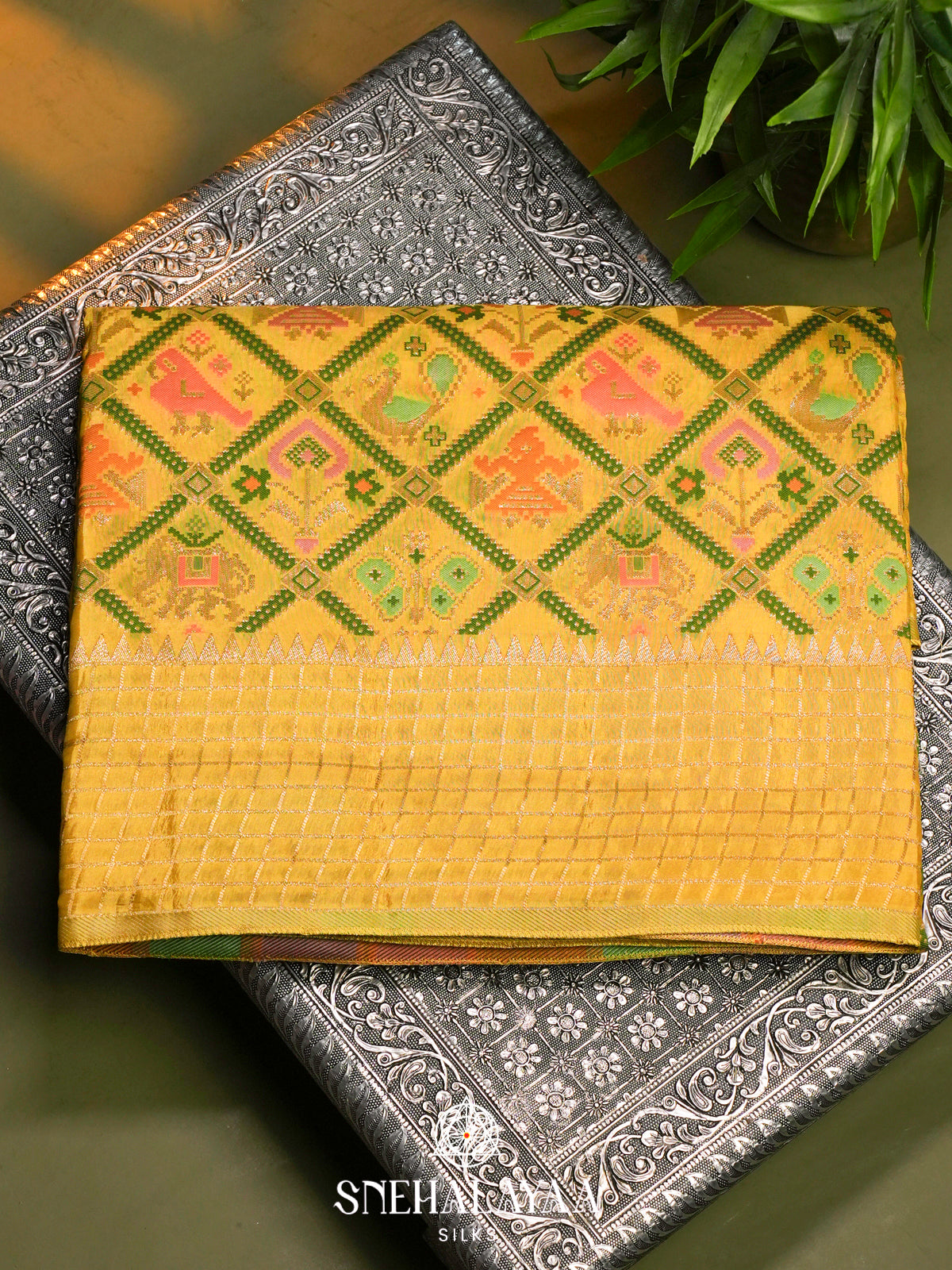 Yellow Semi Pochampally Saree with Multicolour Traditional Ikkat Weave