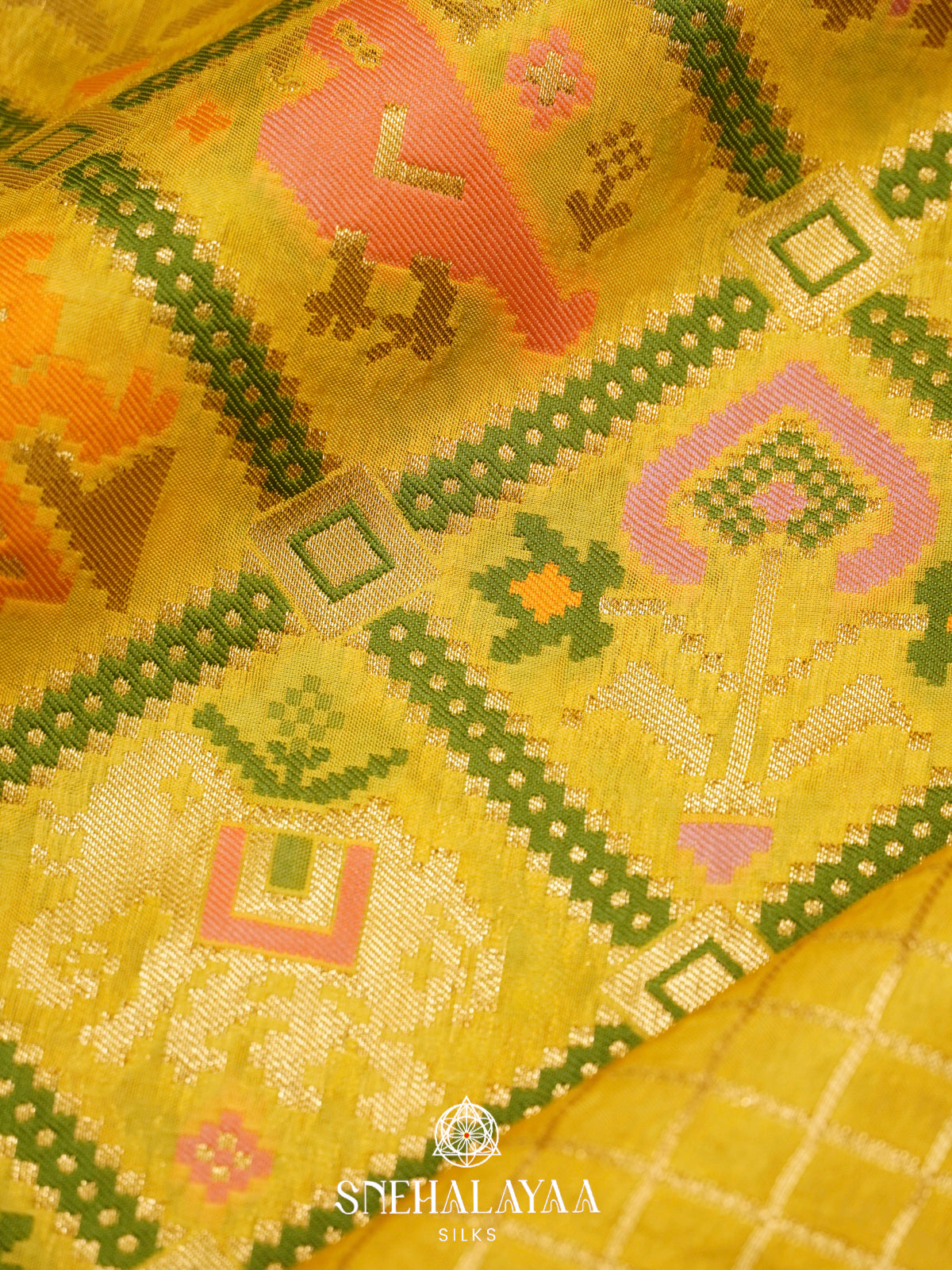 Yellow Semi Pochampally Saree with Multicolour Traditional Ikkat Weave