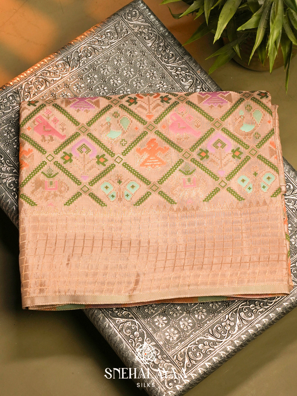 Peach Beige Semi Pochampally Saree with Multicolour Traditional Ikkat Weave