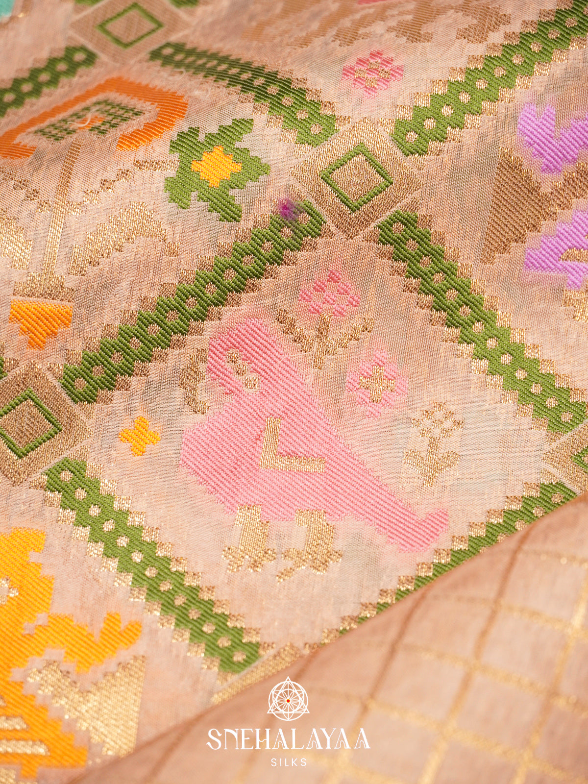 Peach Beige Semi Pochampally Saree with Multicolour Traditional Ikkat Weave