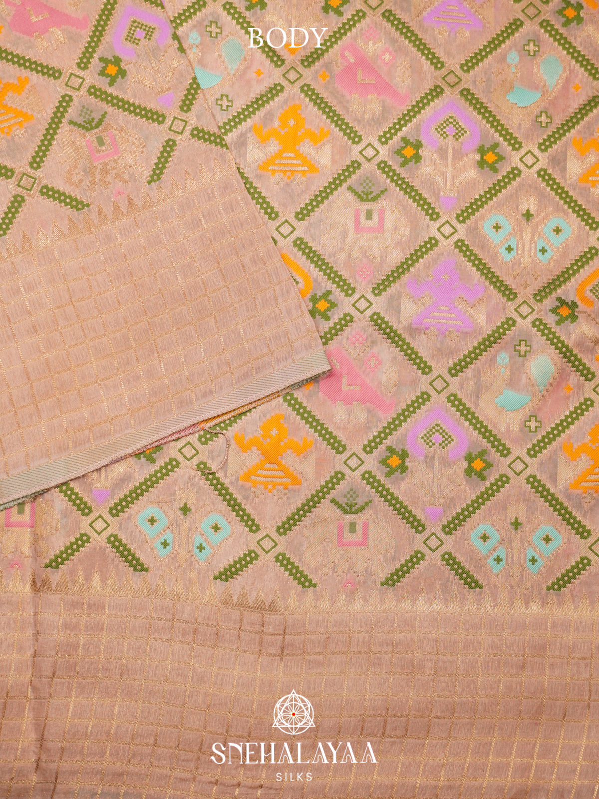 Peach Beige Semi Pochampally Saree with Multicolour Traditional Ikkat Weave