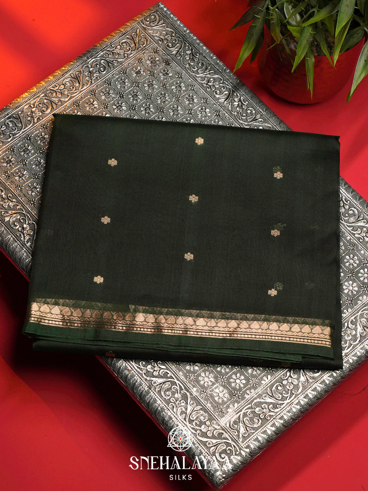 Bottle Green Kora Silk Saree