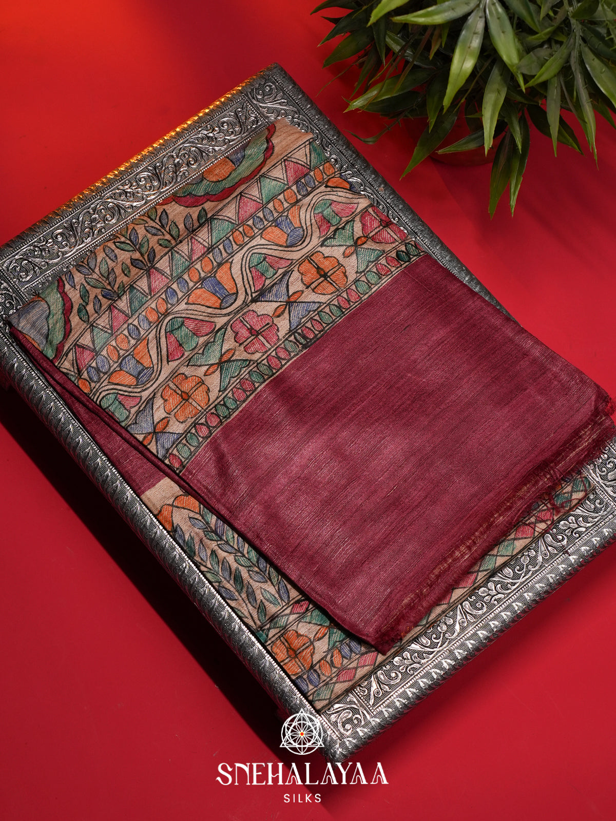 Maroon Madhubani Tussar Saree