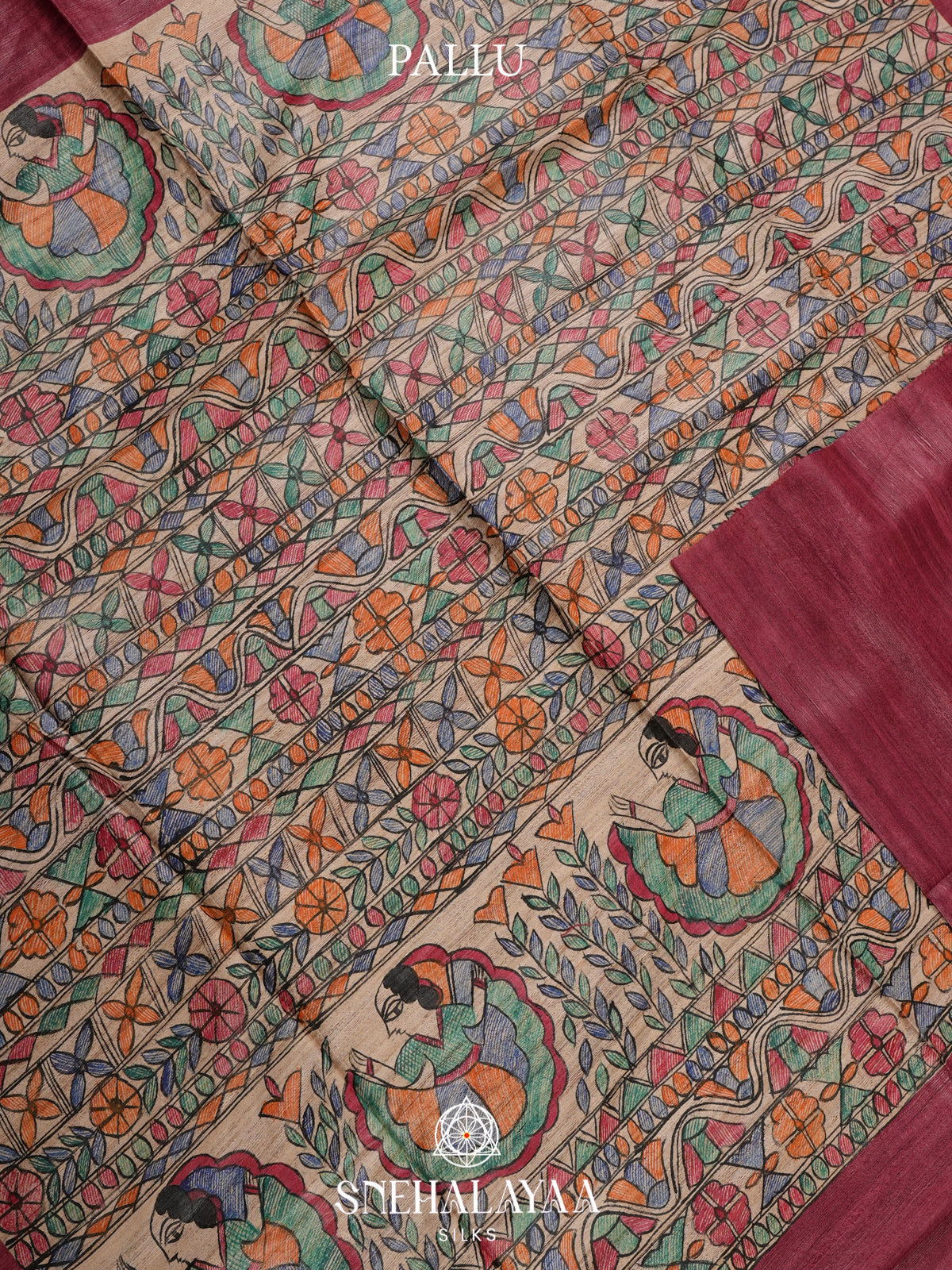 Maroon Madhubani Tussar Saree